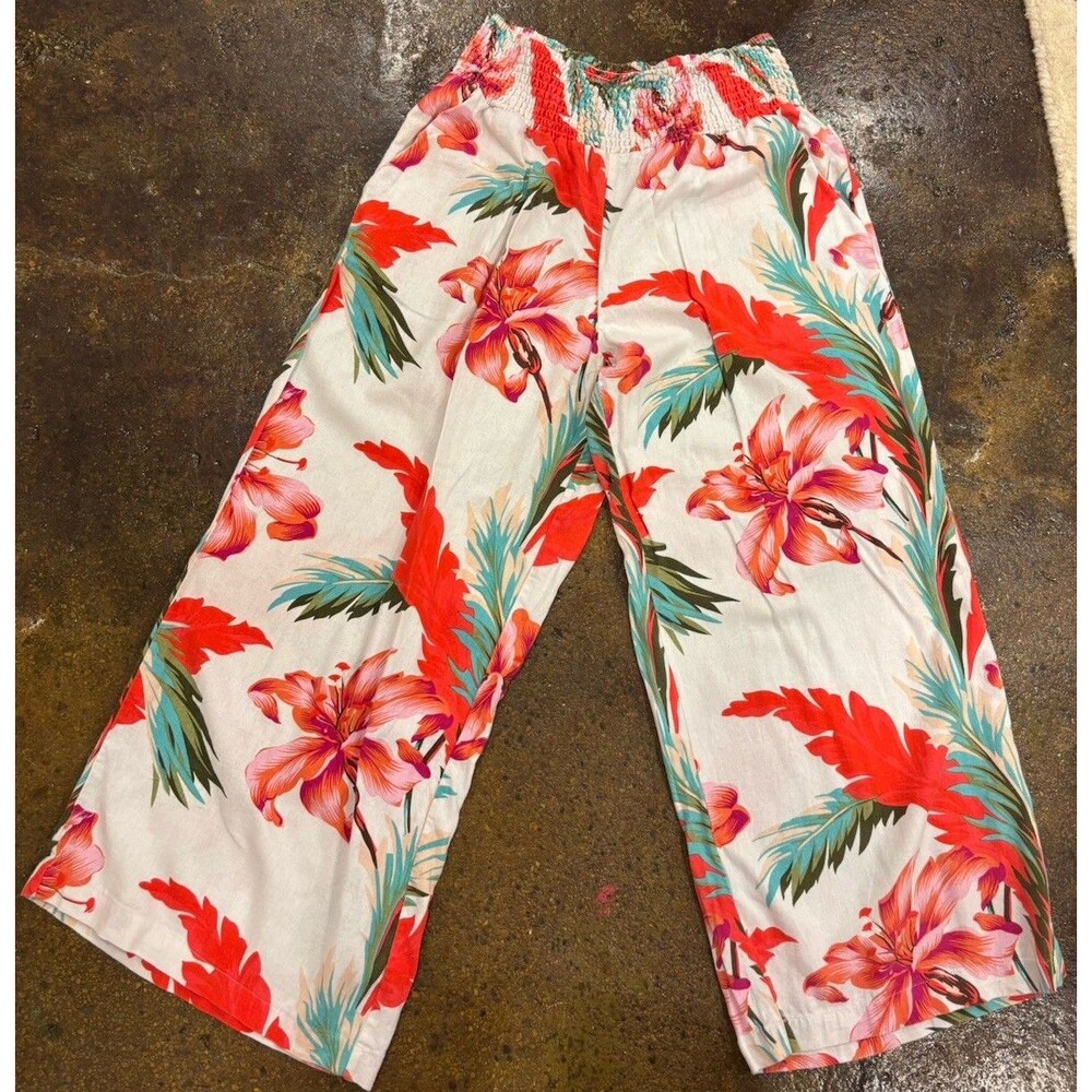 Tahari Linen Wide Leg Pants Size L Pull On Floral Elastic Waist Flowy Tropical